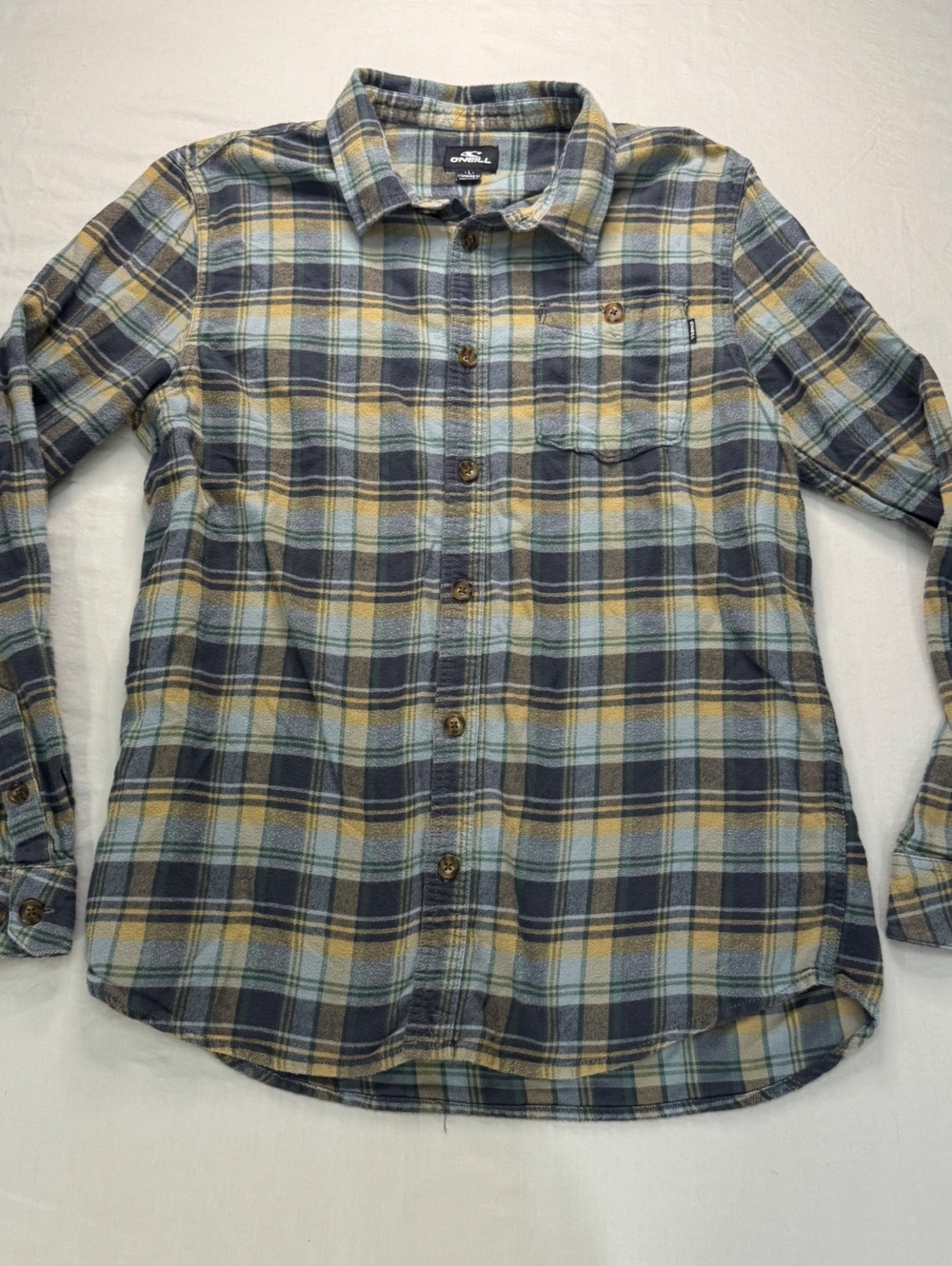 O’Neill Plaid Flannel Shirt Men’s L Blue Gray Green Yellow Surf Skate Workwear